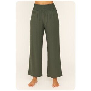 Bebop pants Elastic high Waist Olive Green Casual Comfy textured wide leg SZ SM